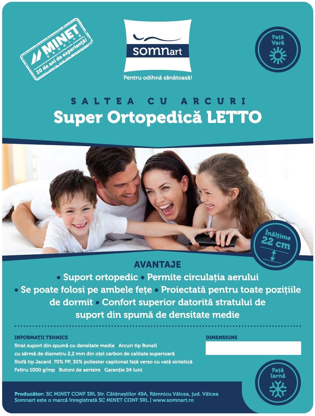 Saltea cu arcuri SomnART LETTO 120x200, înălțime 22 cm, ortopedică, husă matlasată, duritate medie-tare Relax KipRoom