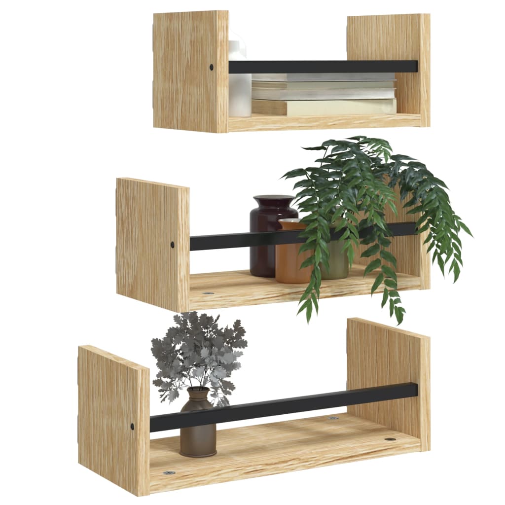 Set rafturi perete cu bare, 3 buc, stejar sonoma lemn prelucrat GartenMobel Dekor