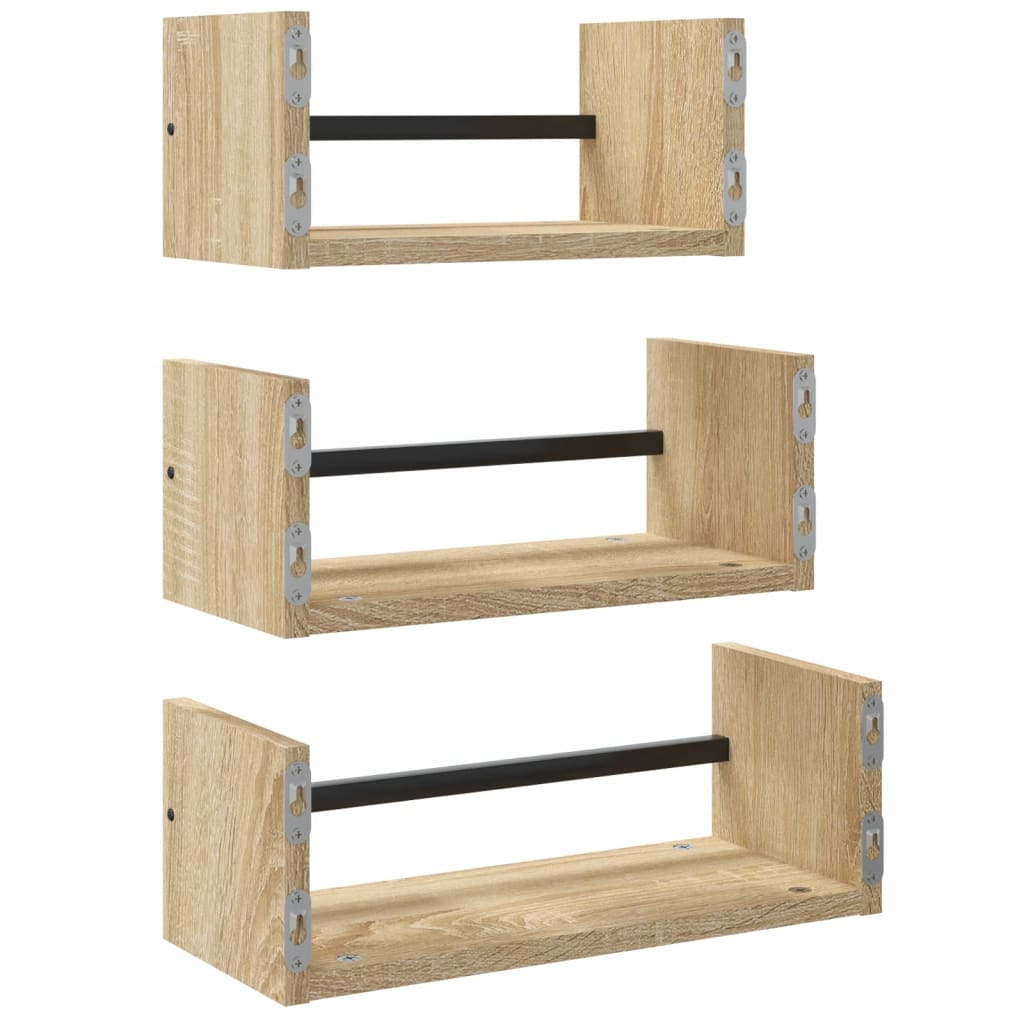 Set rafturi perete cu bare, 3 buc, stejar sonoma lemn prelucrat GartenMobel Dekor