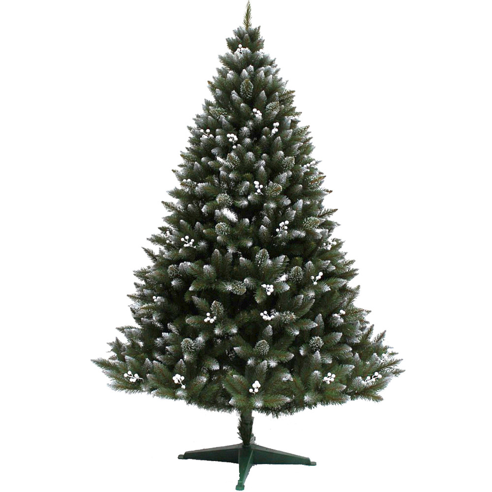 Brad Artificial de Craciun Molid HollyWhite Verde cu Fructe Albe si Zapada pe Varfuri 220cm