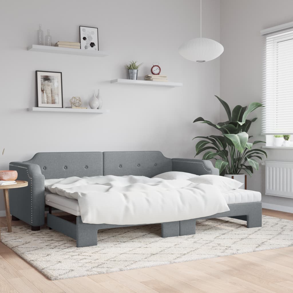 Pat de zi cu extensie și saltele, gri deschis 100x200 cm textil GartenMobel Dekor