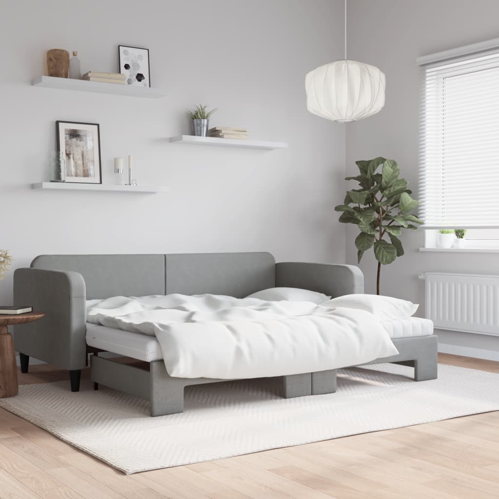Pat de zi cu extensie și saltele, gri deschis 90x200 cm textil GartenMobel Dekor