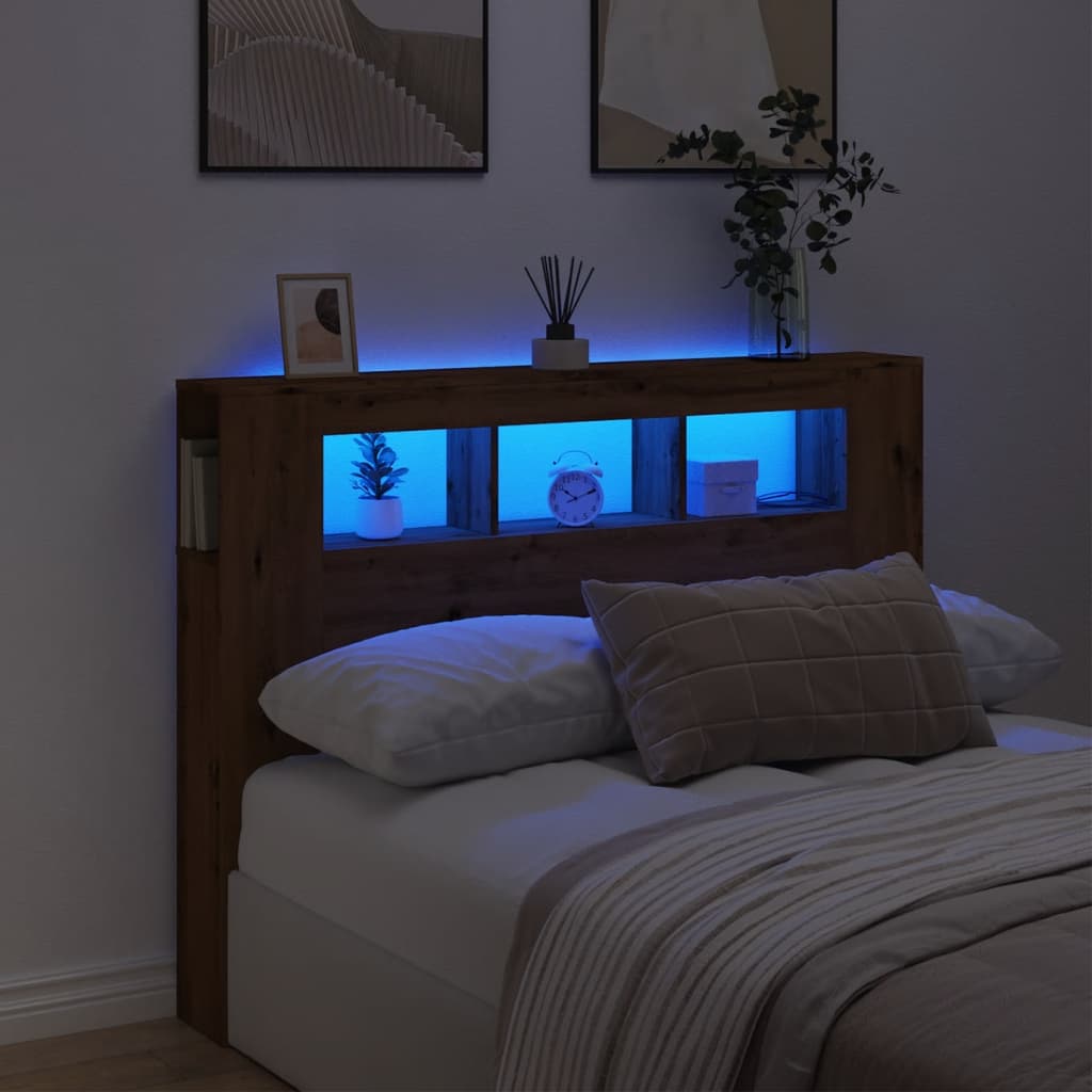 Tăblie de pat cu LED, stejar artizanal, 140x18,5x103,5 cm, lemn GartenMobel Dekor