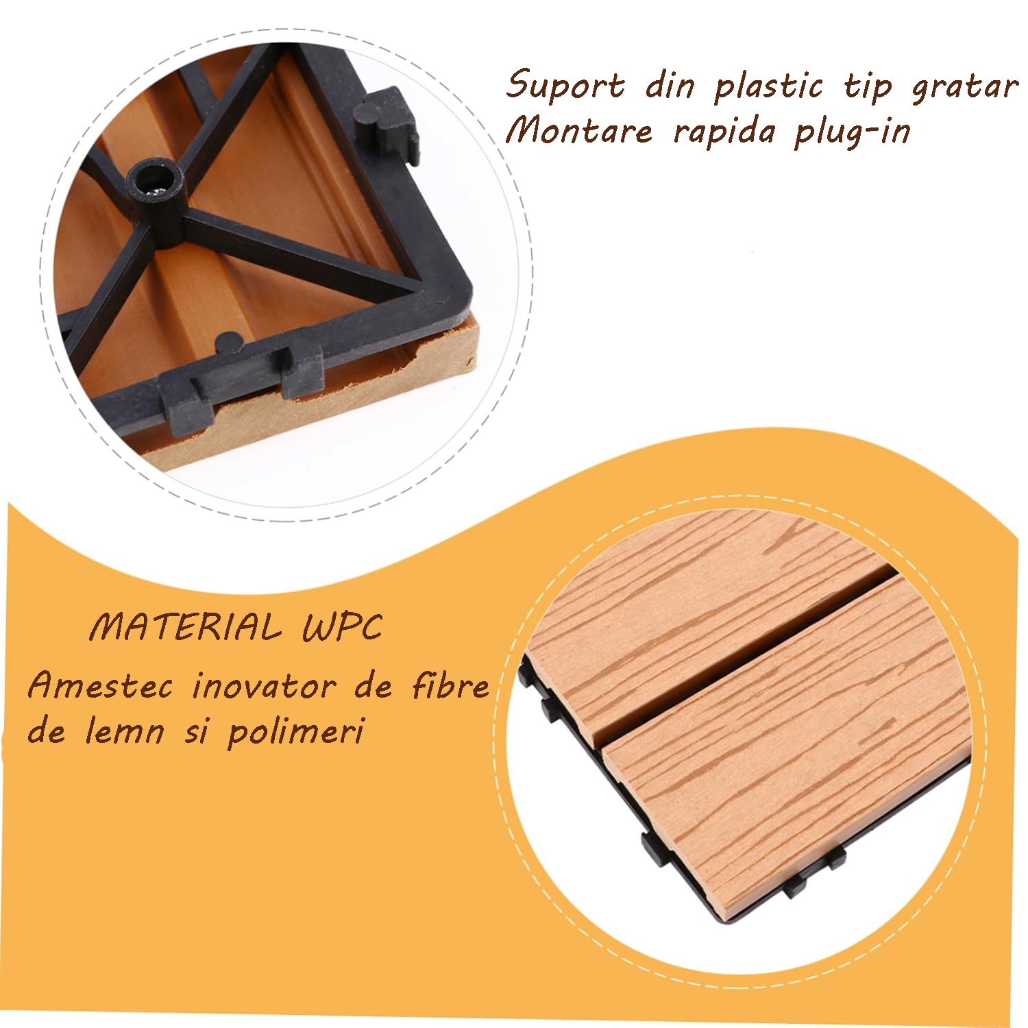 Placa wpc deck terasa, 30x30 cm, grosime 2.2 cm, amenajari exterioare, sistem interconectare, culoare tec, aspect lemn MultiMark GlobalProd