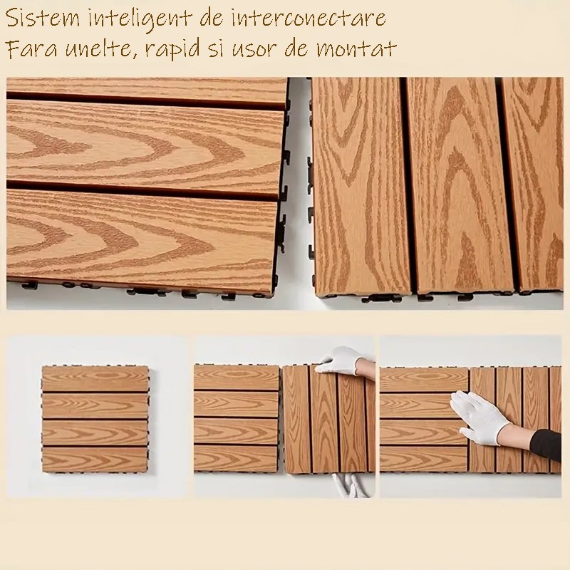 Placa wpc deck terasa, 30x30 cm, grosime 2.2 cm, amenajari exterioare, sistem interconectare, culoare tec, aspect lemn MultiMark GlobalProd