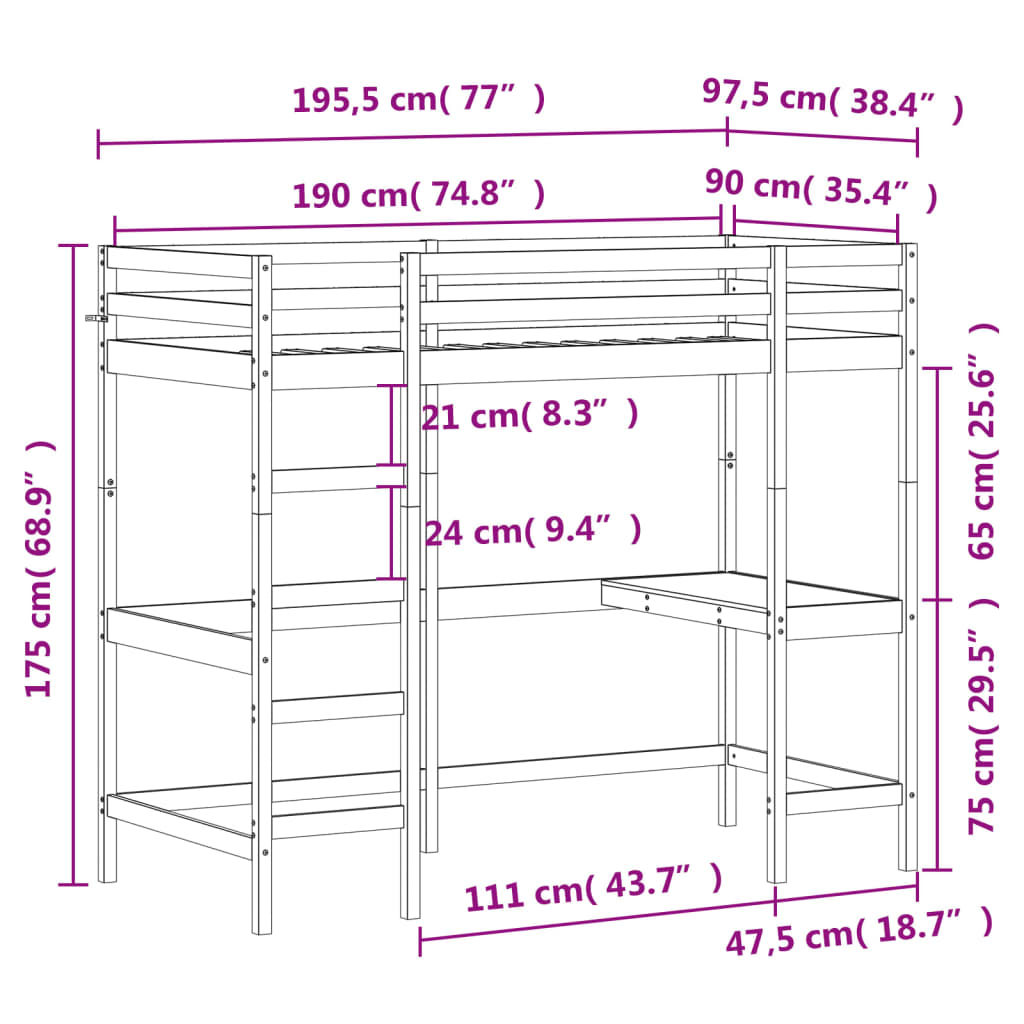 Cadru pat supraetajat cu birou, 90x190 cm, lemn masiv de pin GartenMobel Dekor