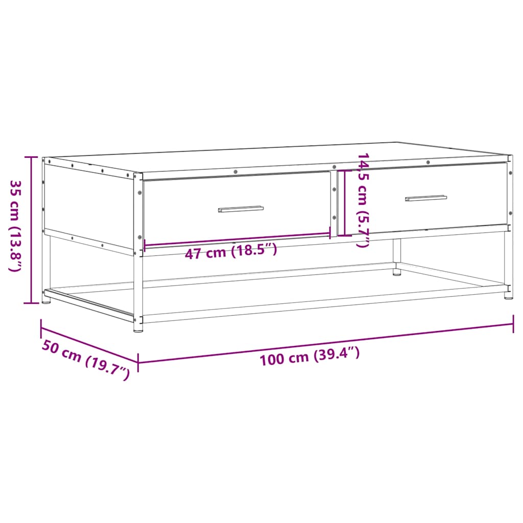 Măsuță de cafea stejar fumuriu 100x50x35cm lemn prelucrat/metal GartenMobel Dekor