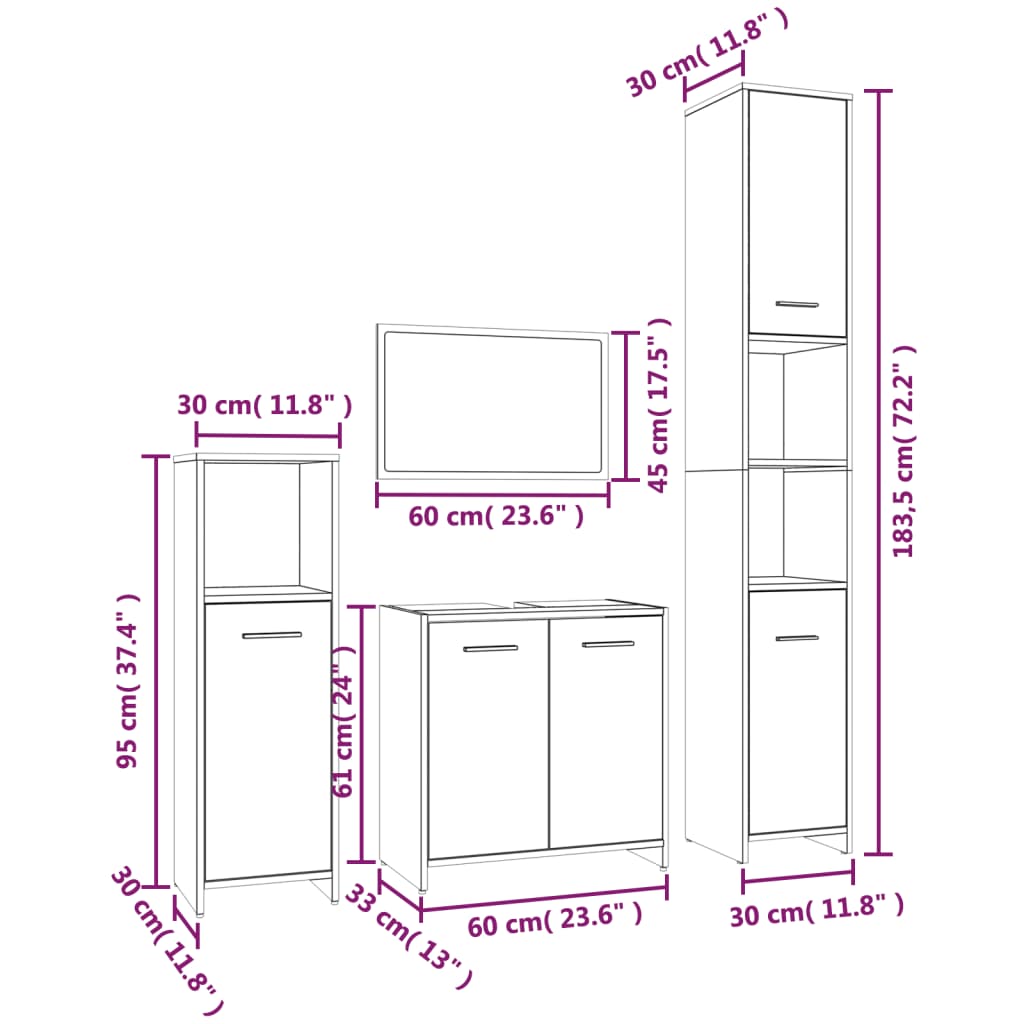 Set mobilier de baie, 4 piese, gri sonoma, lemn prelucrat GartenMobel Dekor
