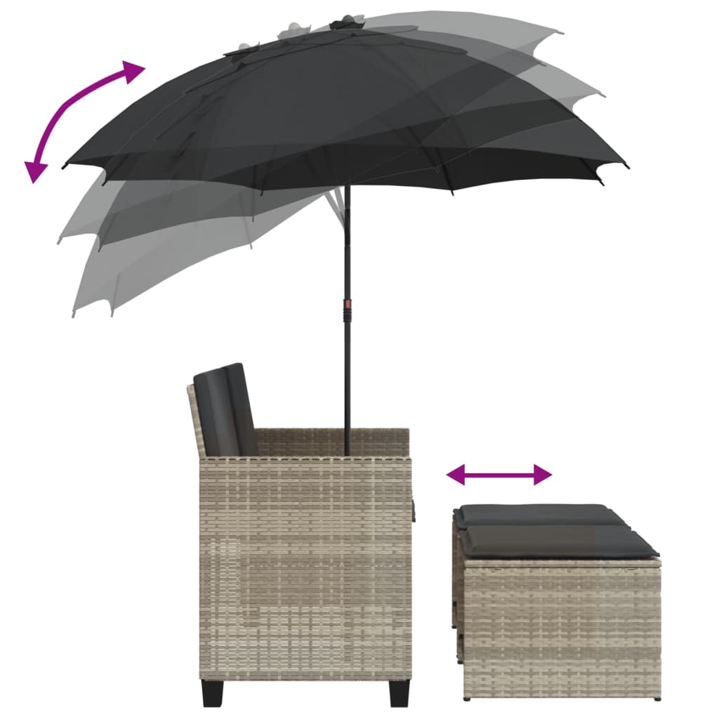 Canapea de grădină cu 2 locuri/umbrelă/taburete, gri, poliratan GartenMobel Dekor