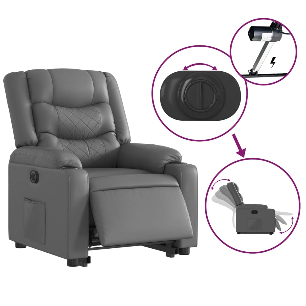 Fotoliu rabatabil electric cu ridicare, gri, piele ecologică GartenMobel Dekor