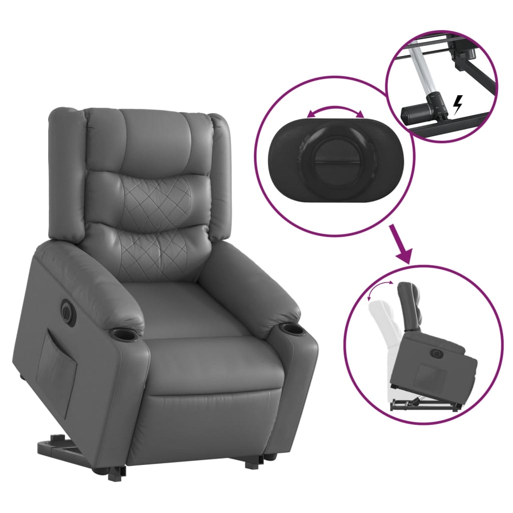 Fotoliu rabatabil electric cu ridicare, gri, piele ecologică GartenMobel Dekor