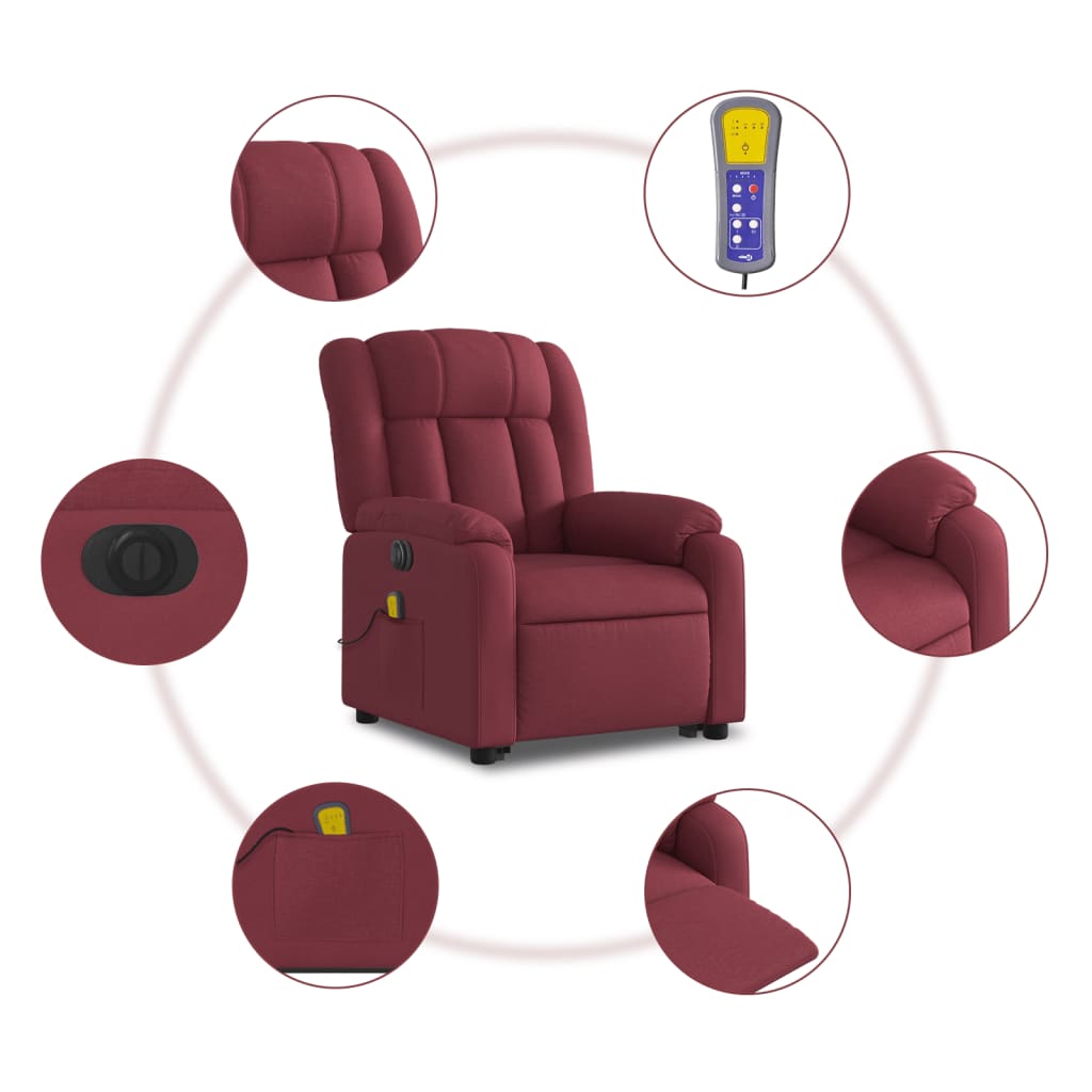 Fotoliu de masaj electric rabatabil cu ridicare roșu vin textil GartenMobel Dekor