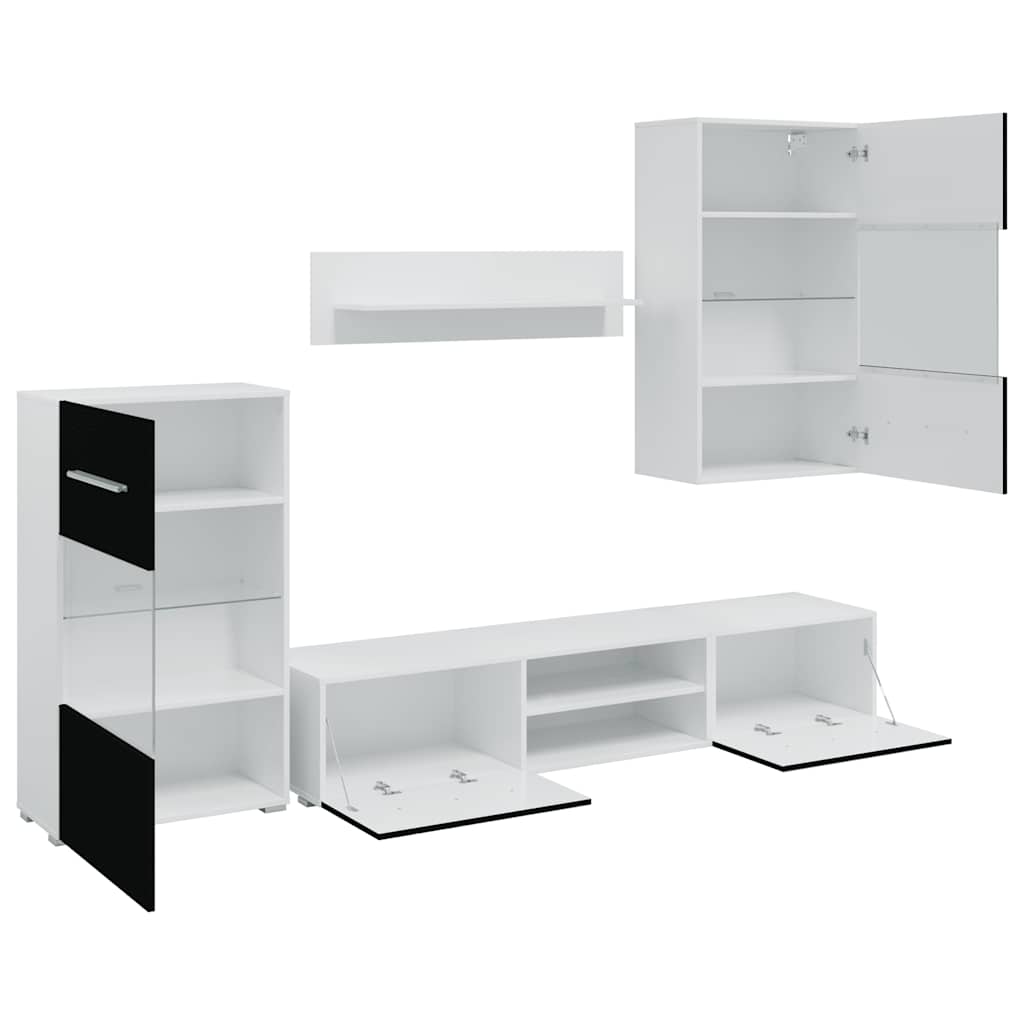 Unități TV de 5 piese cu iluminare LED lemn prelucrat negru mat GartenMobel Dekor