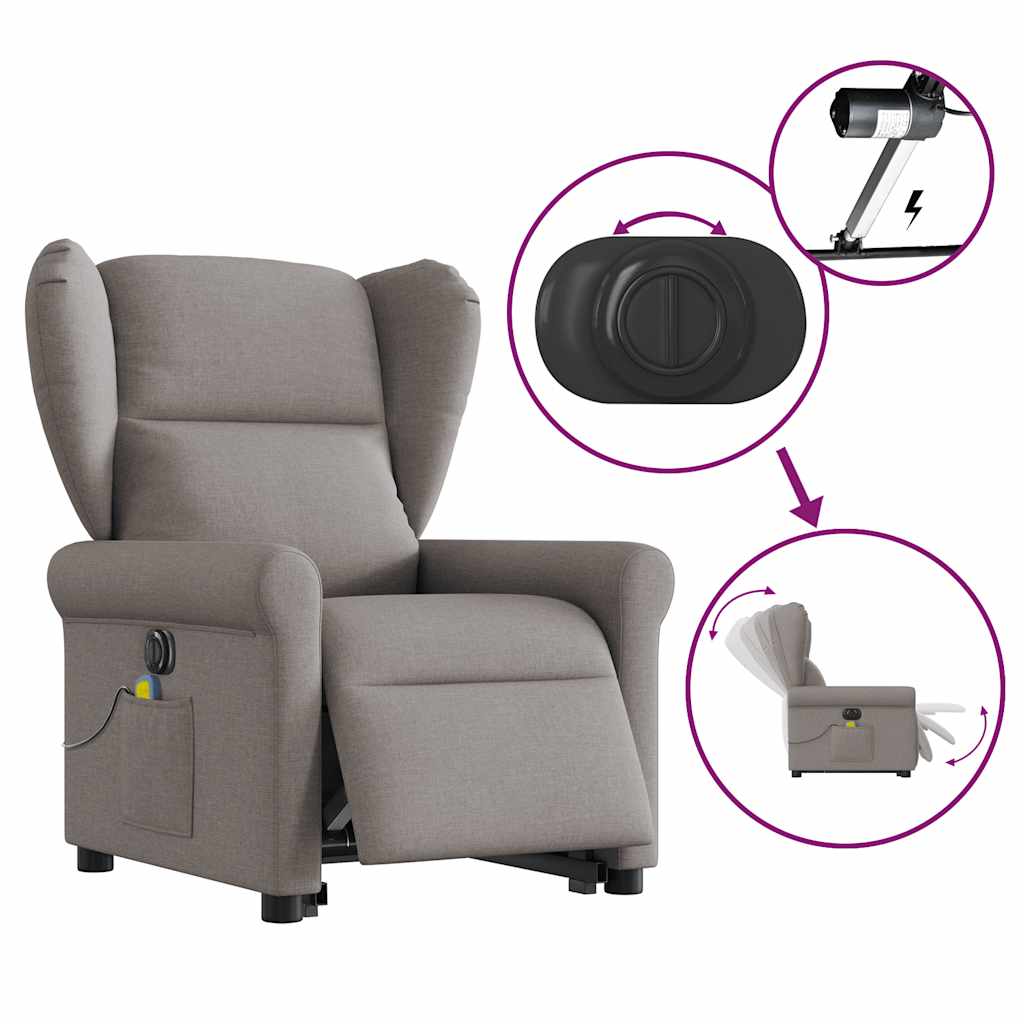 Fotoliu electric masaj rabatabil cu ridicare, gri taupe, textil GartenMobel Dekor