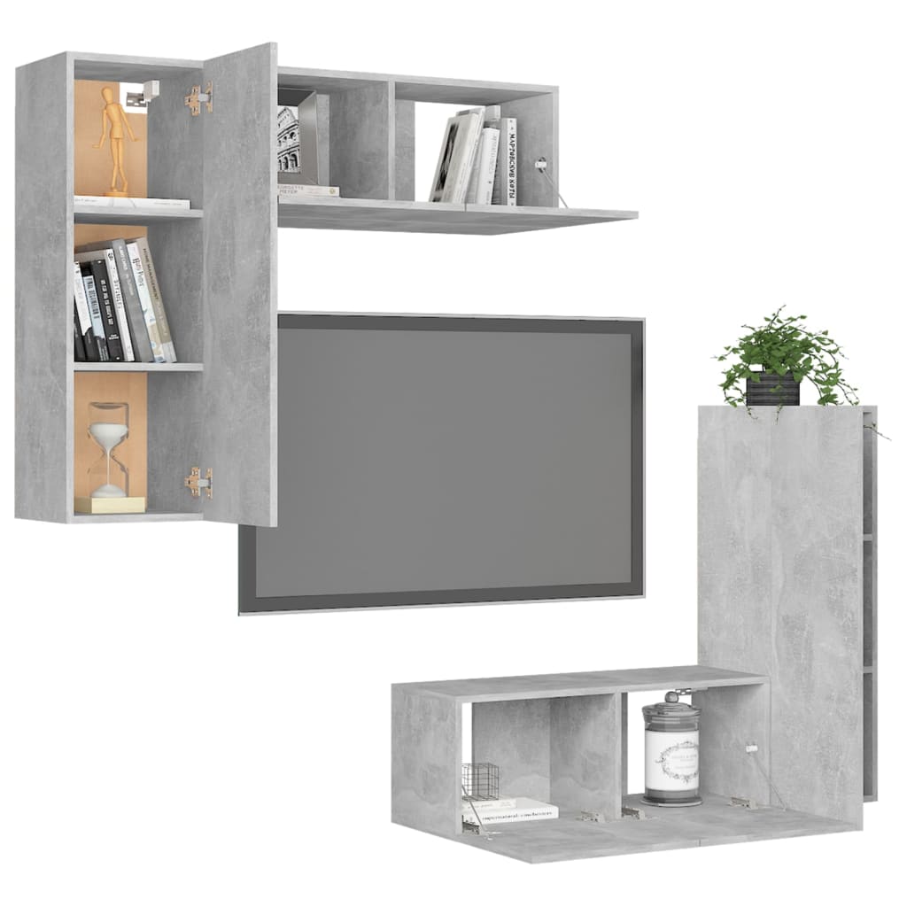 Set de dulapuri TV, 4 piese, gri beton, lemn prelucrat GartenMobel Dekor