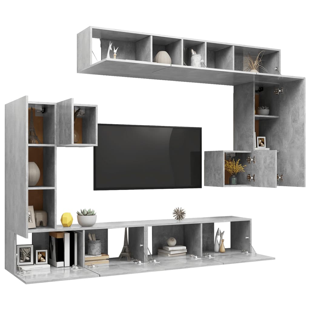 Set dulap TV, 8 piese, gri beton, lemn prelucrat GartenMobel Dekor