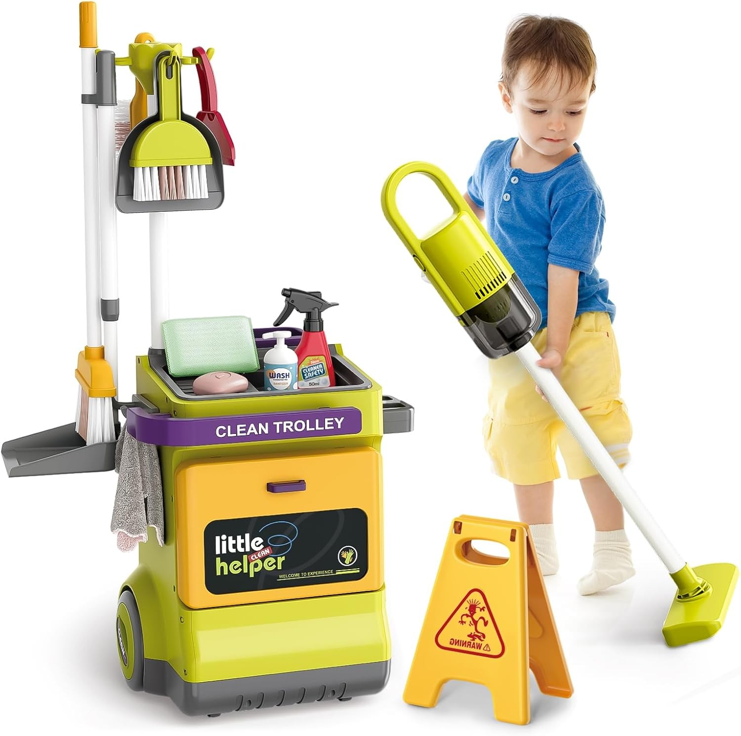 Set curatenie de jucarie, aspirator electric cu sunete, carucior, matura, solutii curatare, semnalizator podea umeda, 20 piese MultiMark GlobalProd