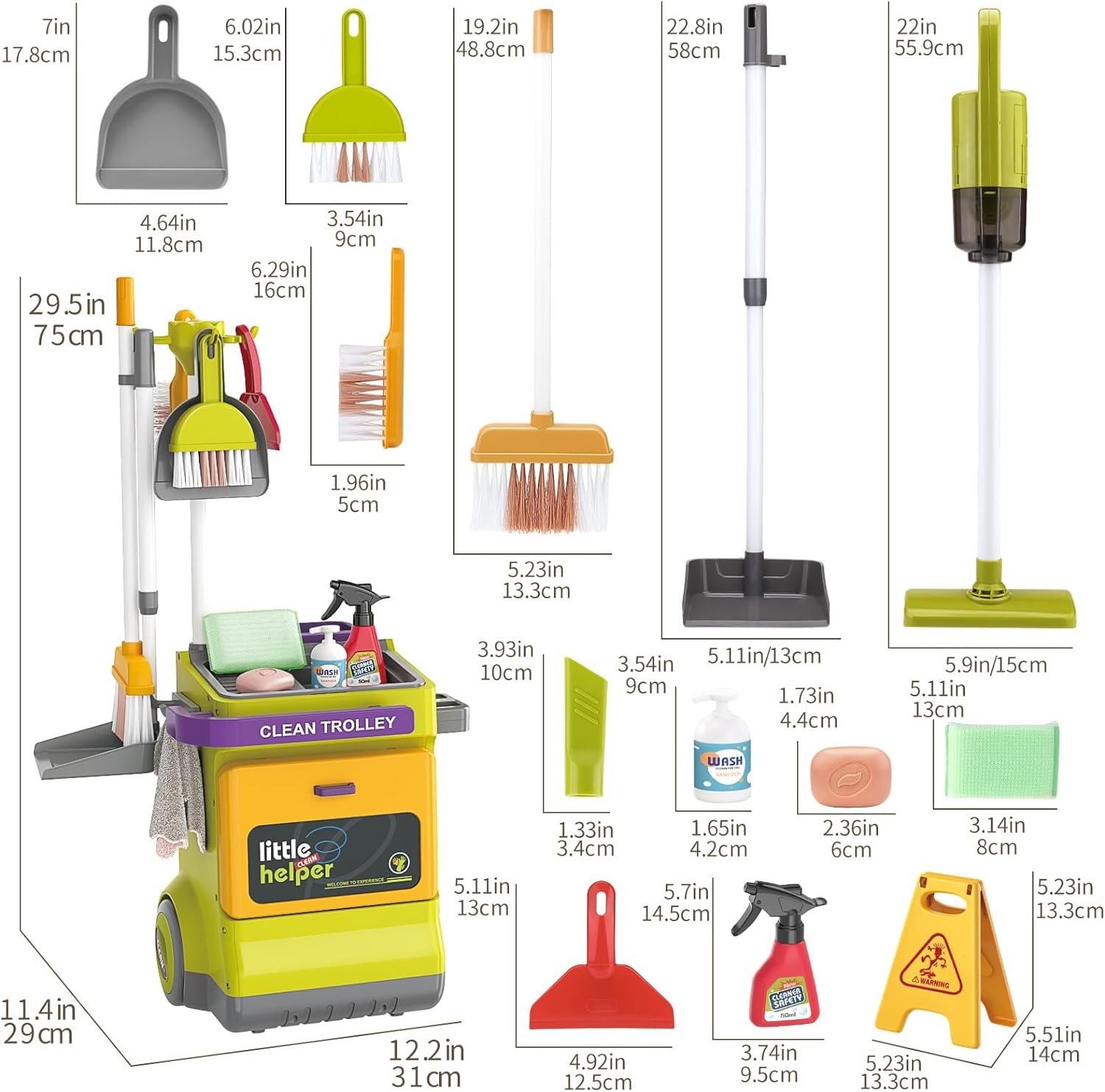 Set curatenie de jucarie, aspirator electric cu sunete, carucior, matura, solutii curatare, semnalizator podea umeda, 20 piese MultiMark GlobalProd