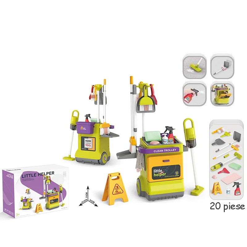 Set curatenie de jucarie, aspirator electric cu sunete, carucior, matura, solutii curatare, semnalizator podea umeda, 20 piese MultiMark GlobalProd