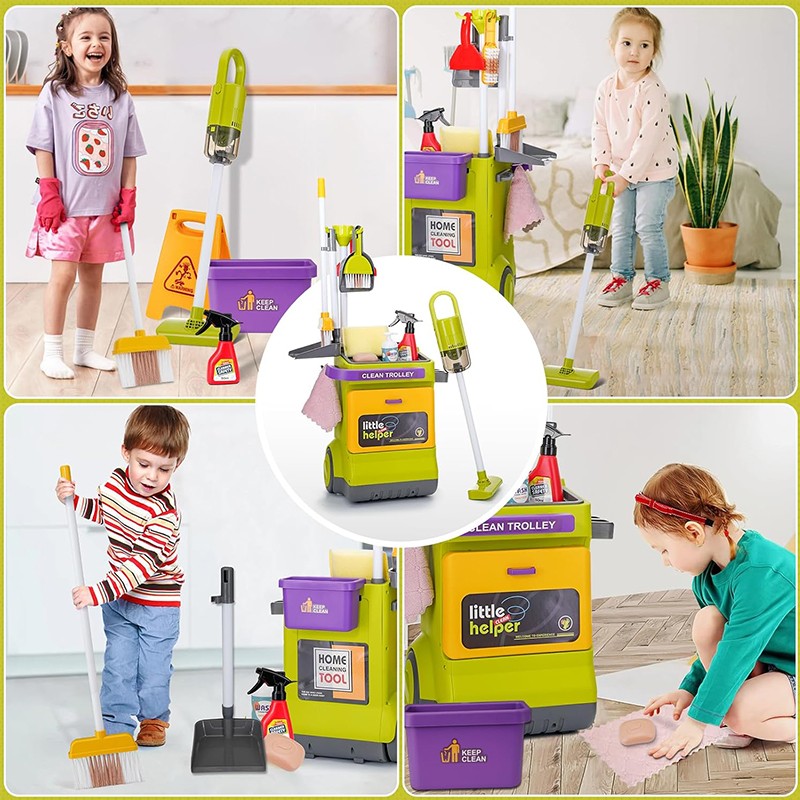 Set curatenie de jucarie, aspirator electric cu sunete, carucior, matura, solutii curatare, semnalizator podea umeda, 20 piese MultiMark GlobalProd