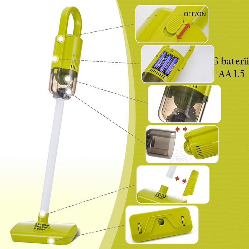 Set curatenie de jucarie, aspirator electric cu sunete, carucior, matura, solutii curatare, semnalizator podea umeda, 20 piese MultiMark GlobalProd
