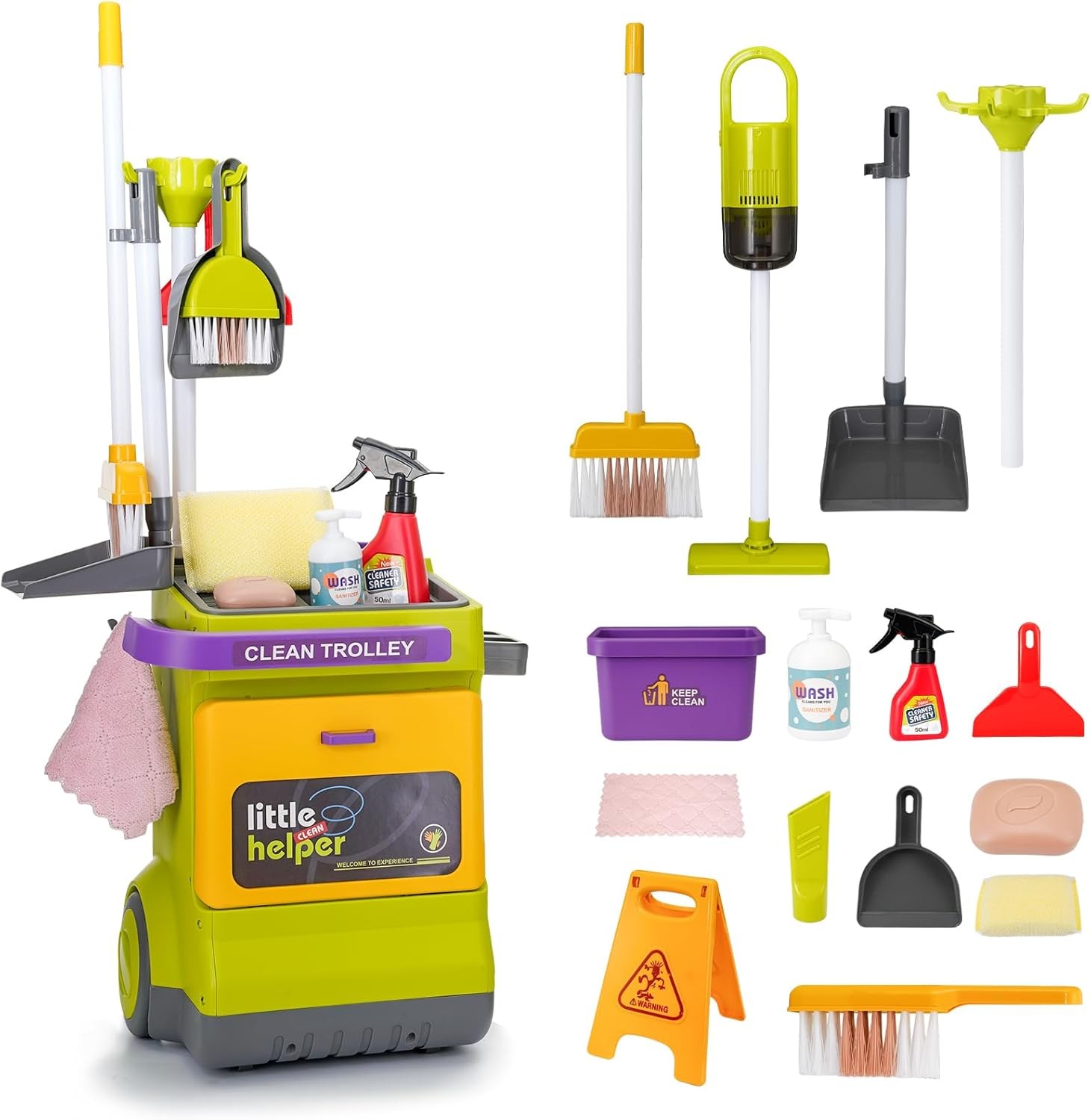 Set curatenie de jucarie, aspirator electric cu sunete, carucior, matura, solutii curatare, semnalizator podea umeda, 20 piese MultiMark GlobalProd