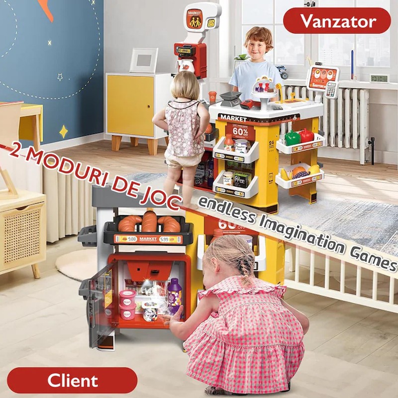 Set supermaket de jucarie, 54 accesorii, sunete, lumini, pos, scanner, cos cumparaturi, multicolor MultiMark GlobalProd