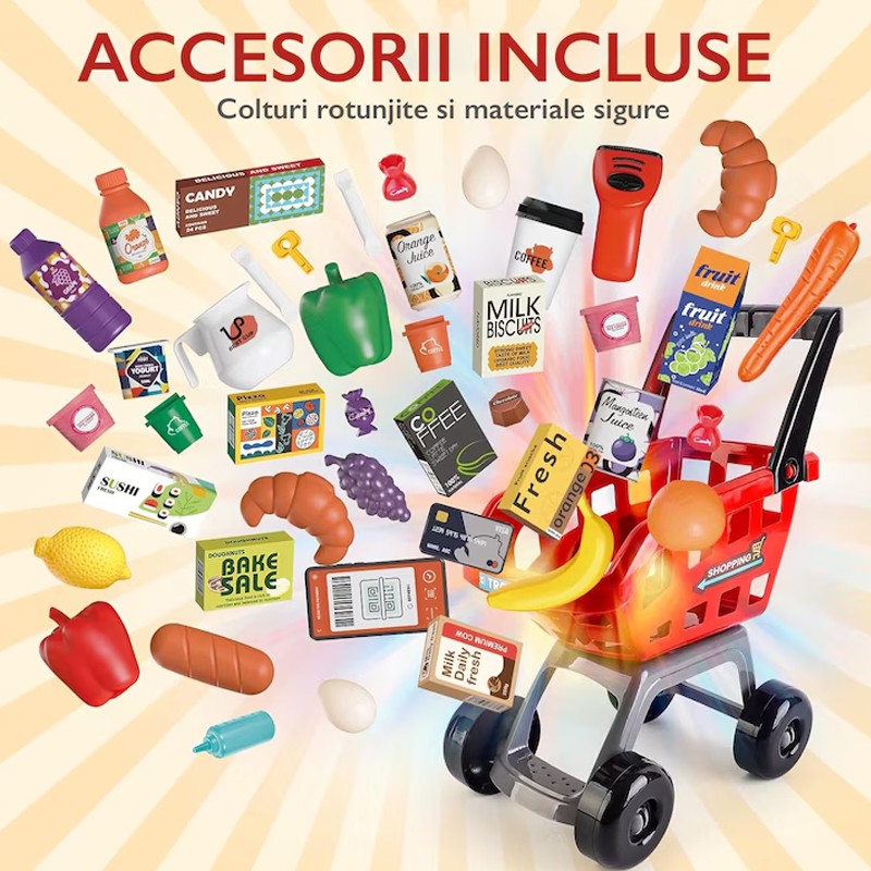 Set supermaket de jucarie, 54 accesorii, sunete, lumini, pos, scanner, cos cumparaturi, multicolor MultiMark GlobalProd