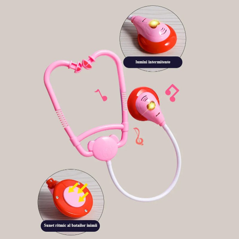 Trusa medicala cu 73 de accesorii pentru copii, ambulanta interactiva cu lumini si efecte sonore, bebelus, roz MultiMark GlobalProd