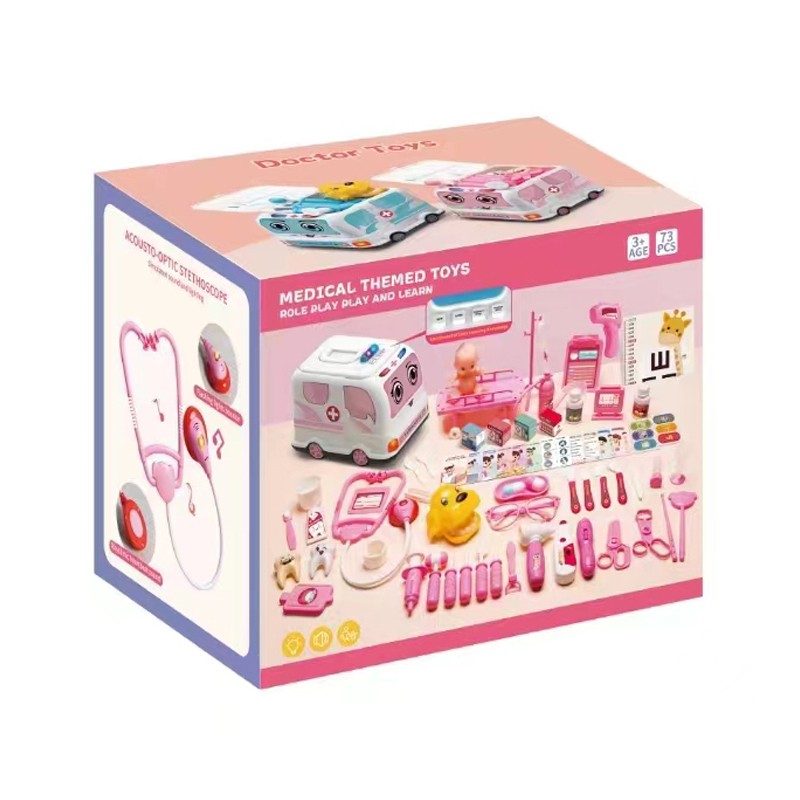 Trusa medicala cu 73 de accesorii pentru copii, ambulanta interactiva cu lumini si efecte sonore, bebelus, roz MultiMark GlobalProd