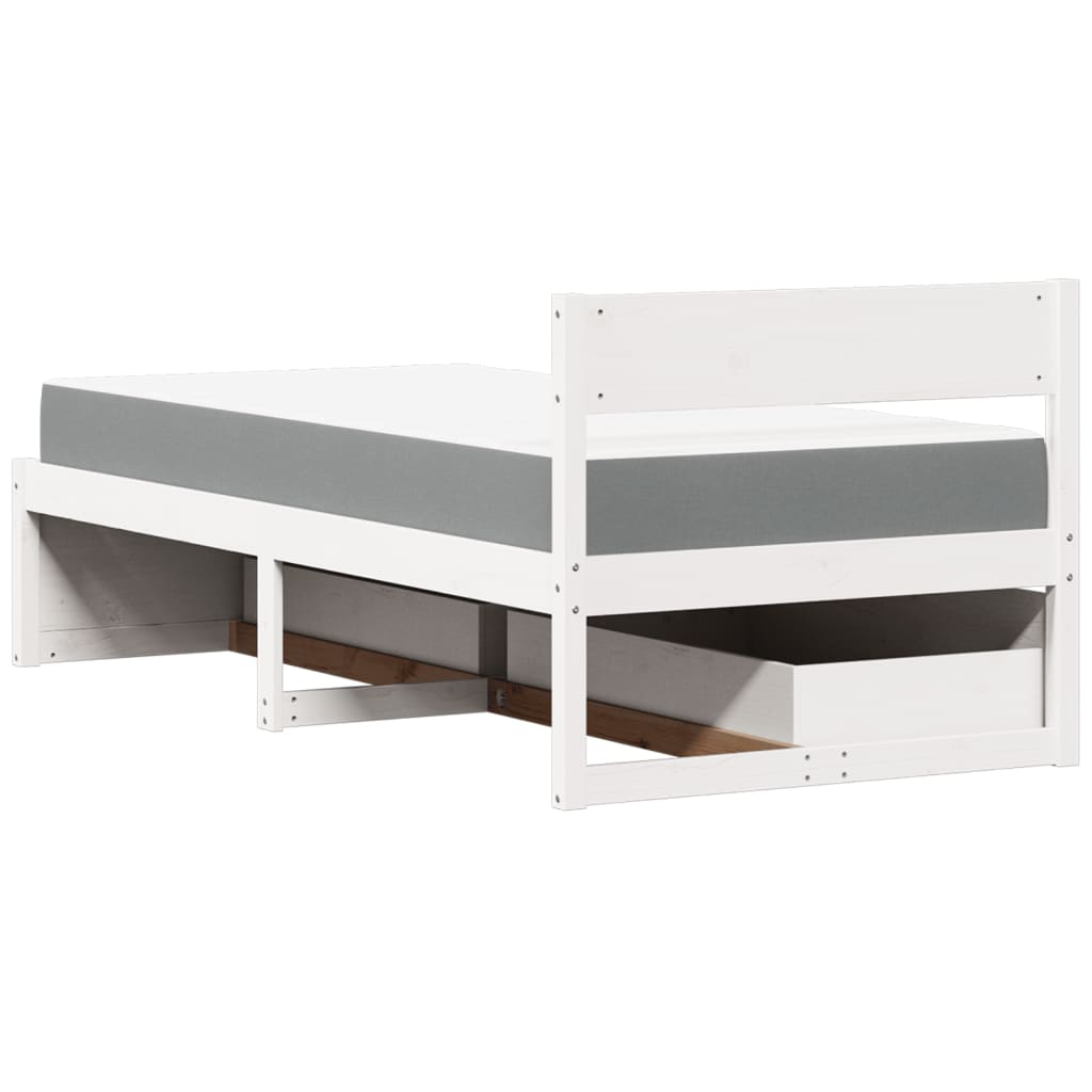 Pat cu sertare și saltea, alb, 90x190 cm, lemn masiv pin GartenMobel Dekor