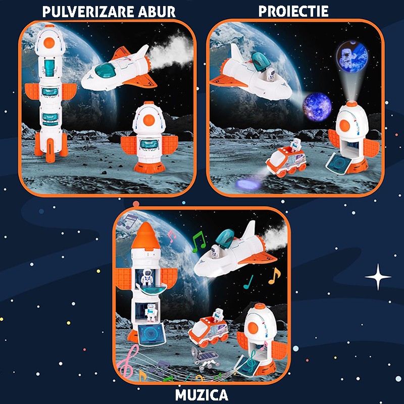Nava spatiala cu proiector planete, 3 figurine astronaut, efecte sonore si abur, 31 moduri constructie, 9 carti educative MultiMark GlobalProd
