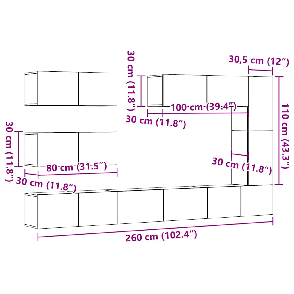 Set dulap TV 7 piese montat pe perete lemn vechi lemn prelucrat GartenMobel Dekor
