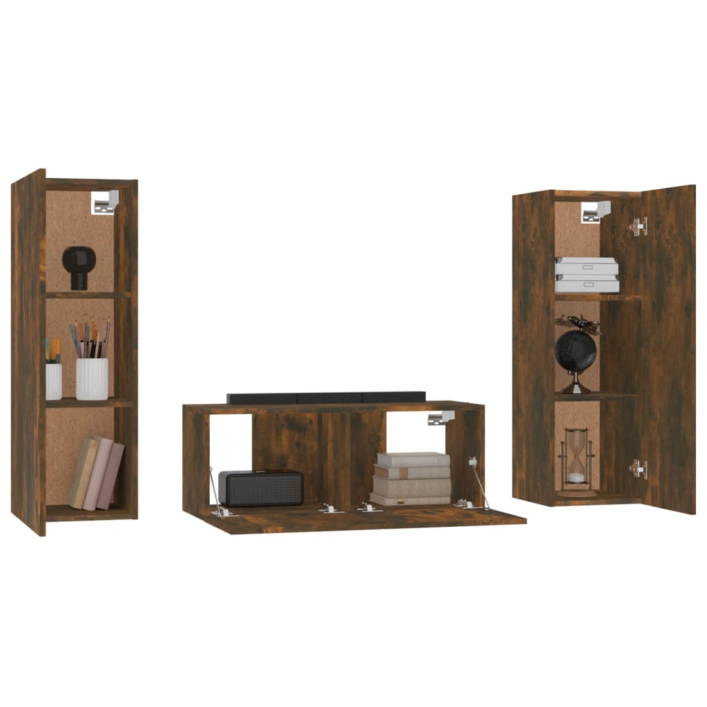 Set dulapuri TV, 3 piese, stejar fumuriu, lemn prelucrat GartenMobel Dekor