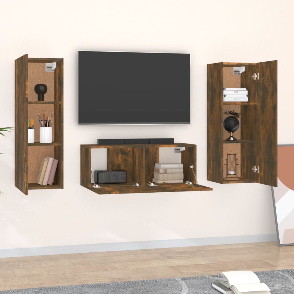 Set dulapuri TV, 3 piese, stejar fumuriu, lemn prelucrat GartenMobel Dekor