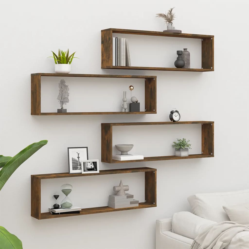 Rafturi de perete cub, 4 buc., stejar fumuriu 100x15x30 cm lemn GartenMobel Dekor