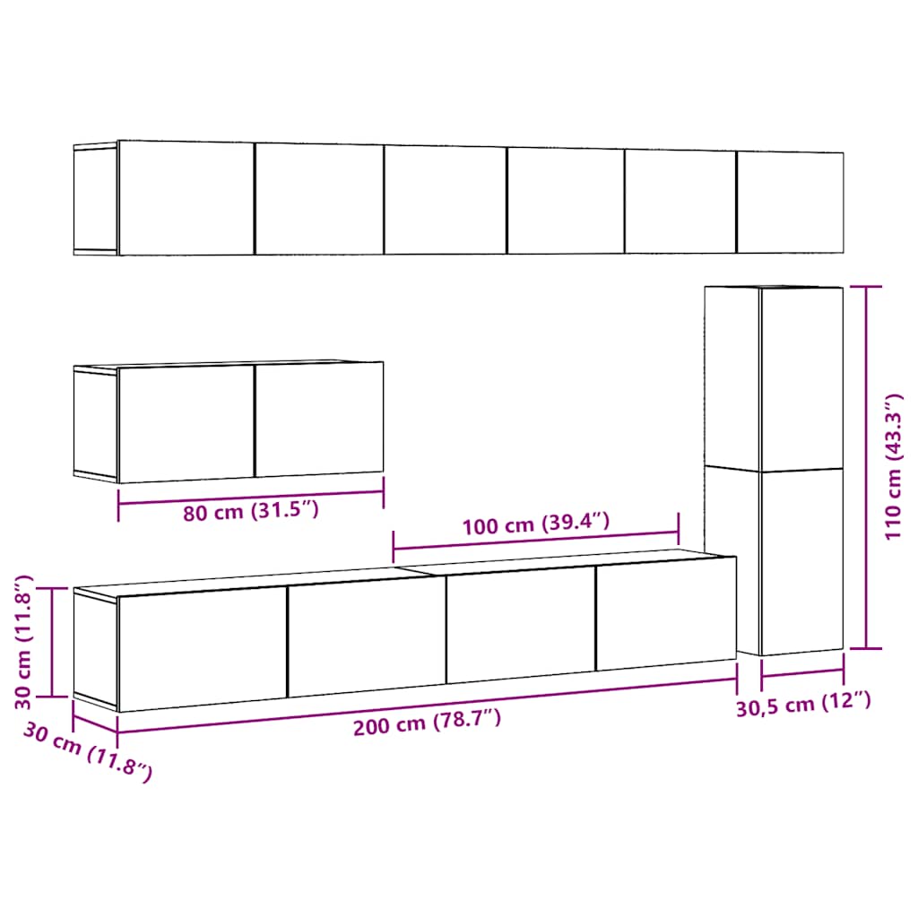 Set dulap TV 7 piese montat pe perete lemn vechi lemn prelucrat GartenMobel Dekor