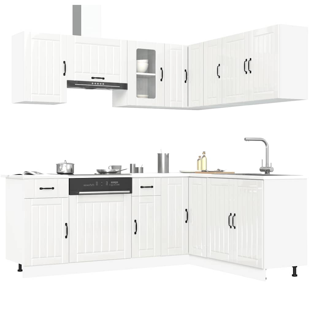 Set dulap de bucătărie 11 piese „Lucca” alb lucios Lemn GartenMobel Dekor
