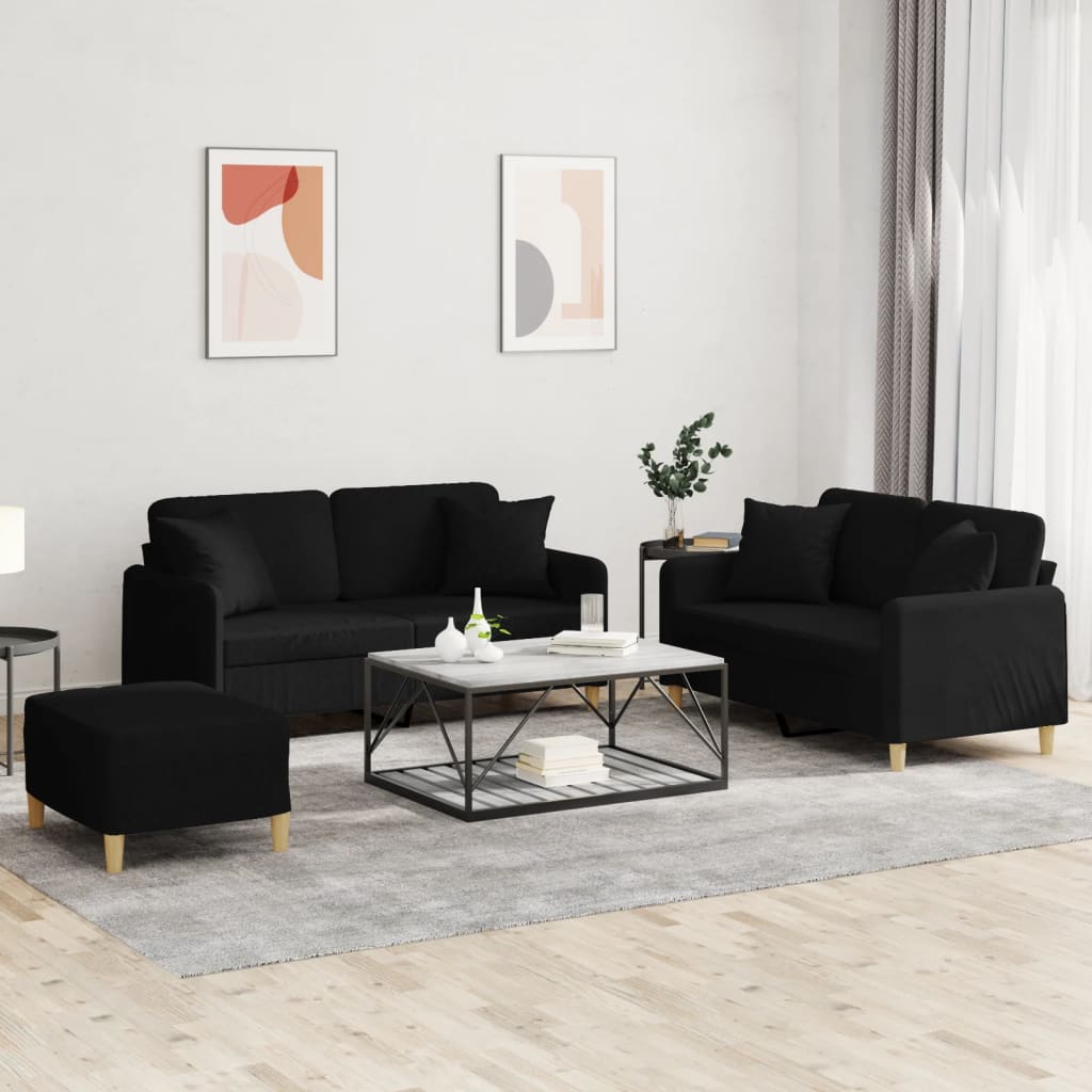 Set de canapele cu perne, 3 piese, negru, textil GartenMobel Dekor