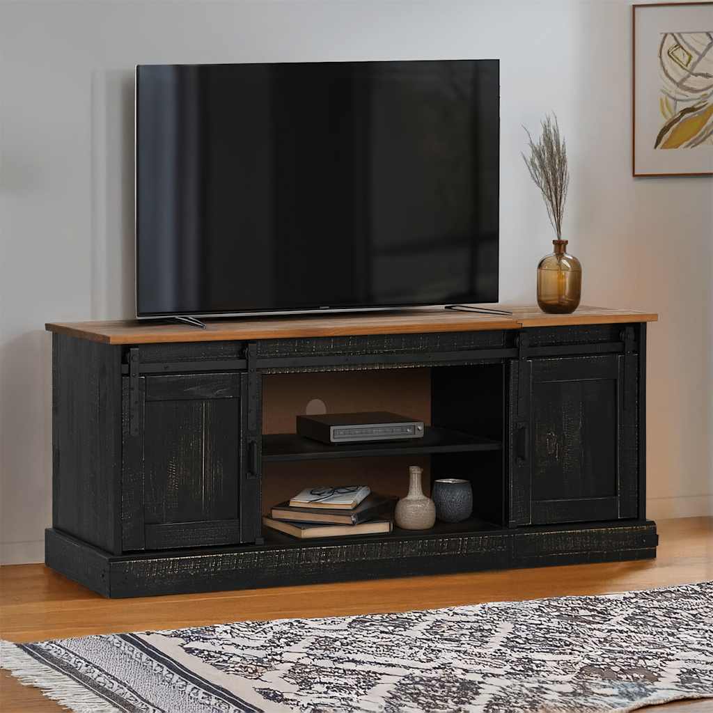 Dulap TV HALDEN 2 usi glisante negru 150x40x60 cm lemn masiv GartenMobel Dekor