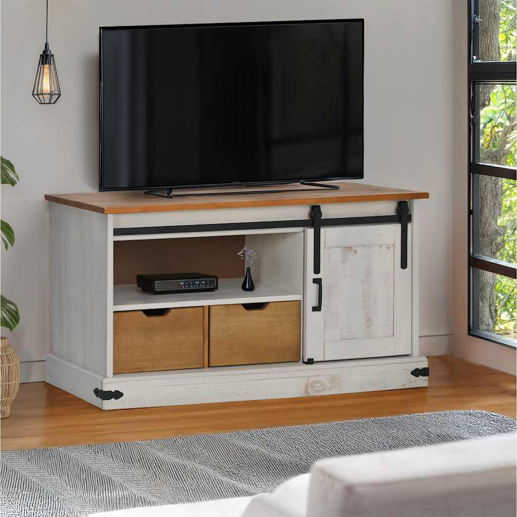 Dulap TV HALDEN cu ușă glisantă alb 110x40x60 cm lemn masiv GartenMobel Dekor