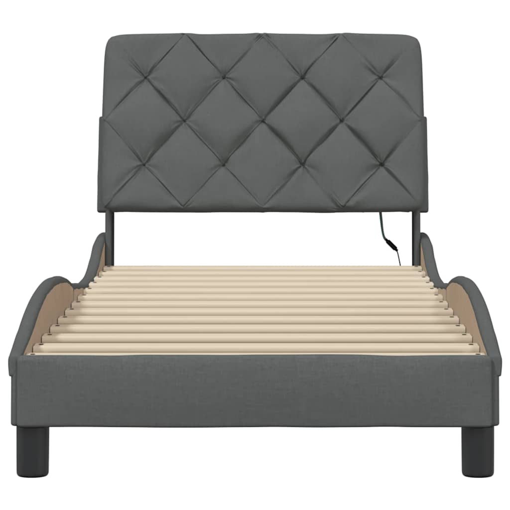 Cadru de pat lumini LED fără saltea gri închis 90x190 cm textil GartenMobel Dekor