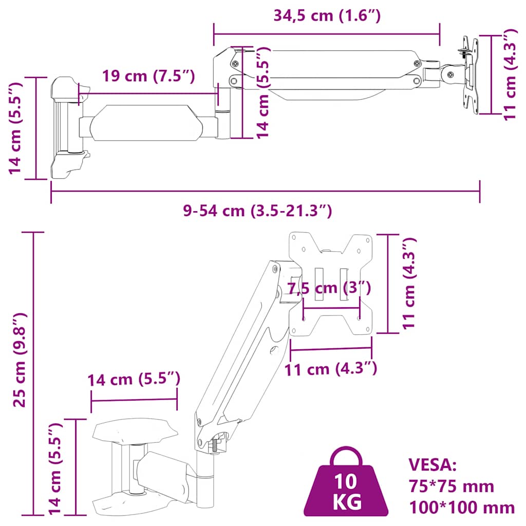 Suport de perete monitor ecran max 27 inci cu arc de gaz 10 kg GartenMobel Dekor