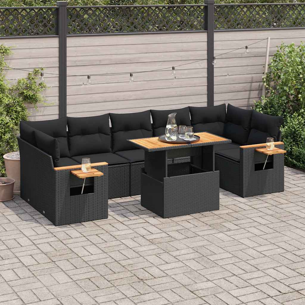 Set mobilier grădină perne 8 piese negru, poliratan/lemn acacia GartenMobel Dekor