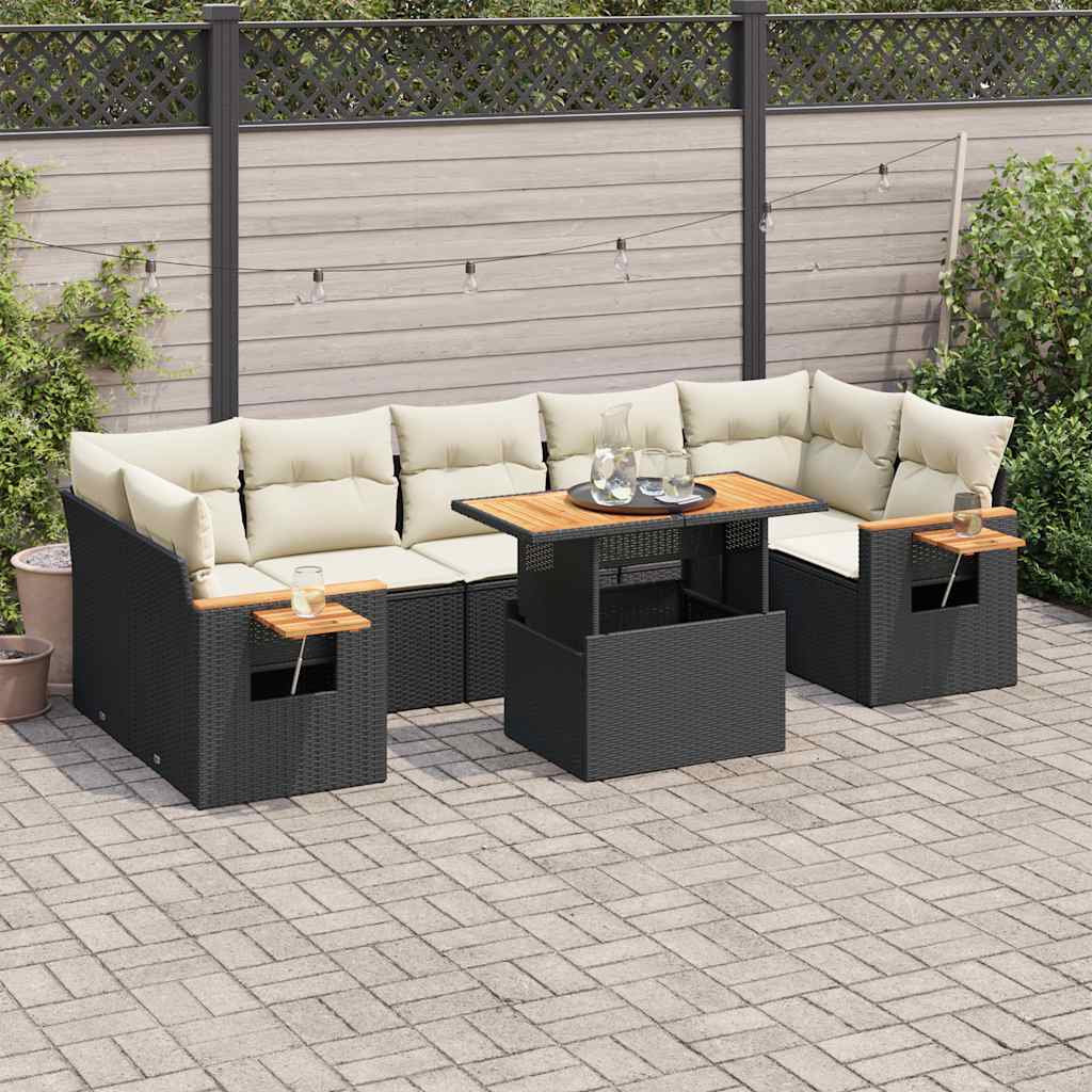 Set mobilier grădină perne 8 piese negru, poliratan/lemn acacia GartenMobel Dekor