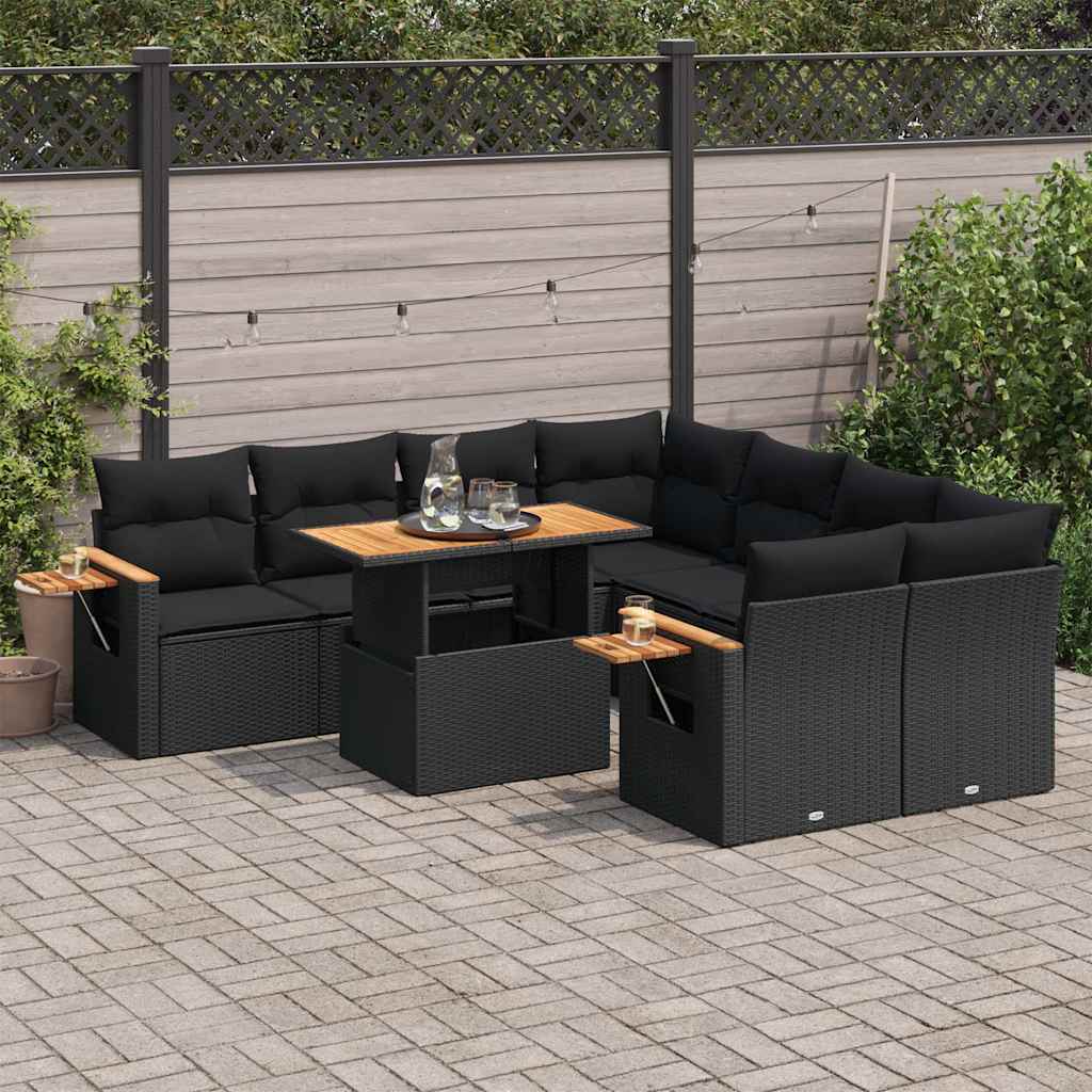 Set mobilier grădină perne 9 piese negru poliratan/lemn acacia GartenMobel Dekor