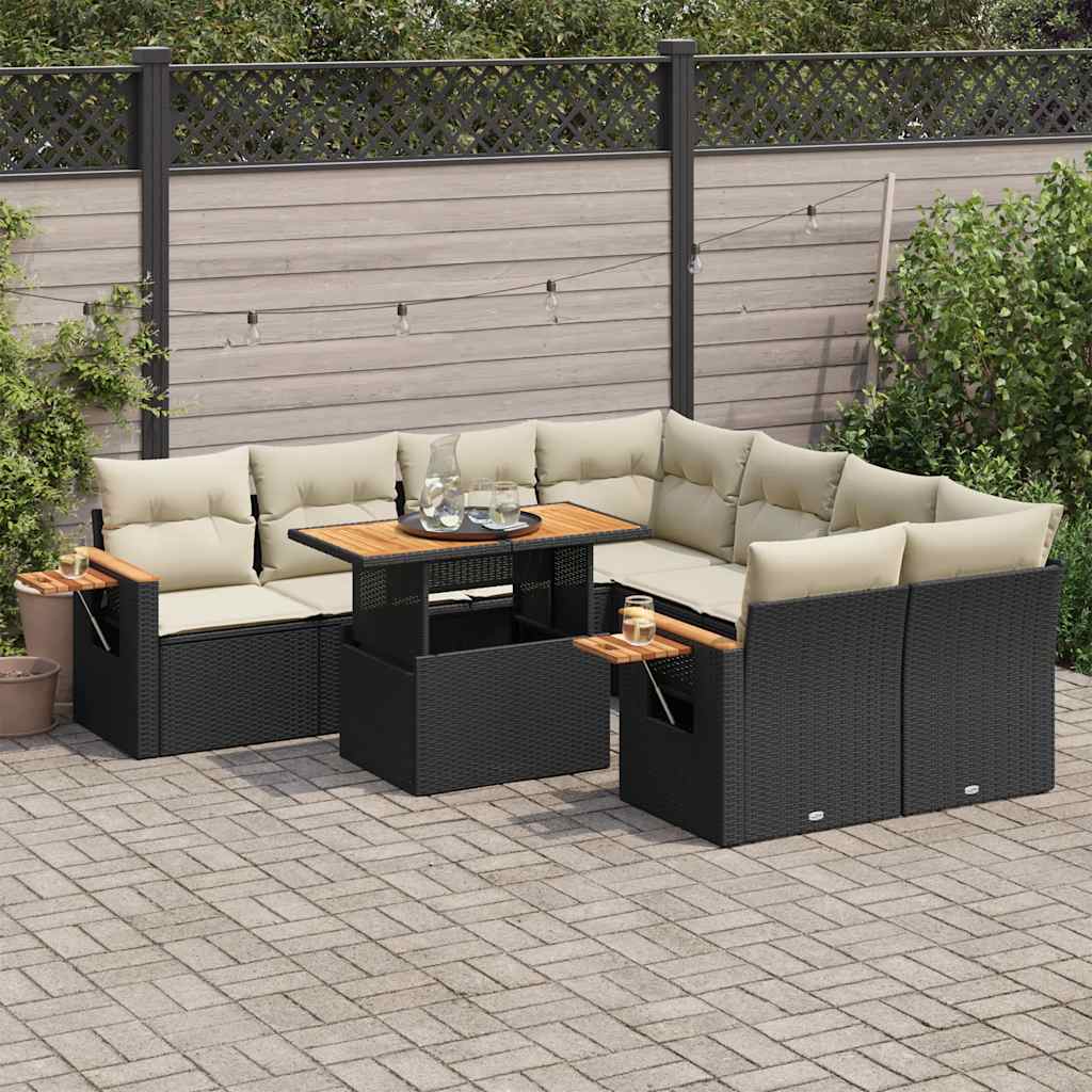 Set mobilier grădină perne 9 piese negru poliratan/lemn acacia GartenMobel Dekor