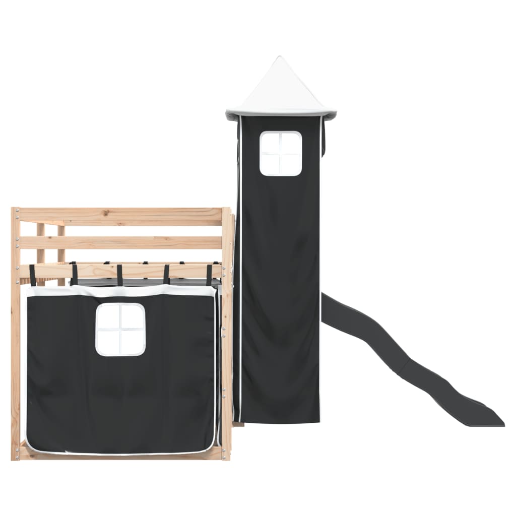 Pat supraetajat cu tobogan și perdele, alb și negru, 80x200 cm GartenMobel Dekor