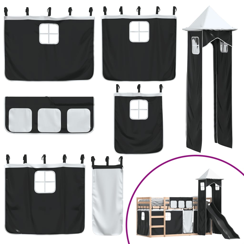 Pat supraetajat cu tobogan și perdele, alb și negru, 80x200 cm GartenMobel Dekor