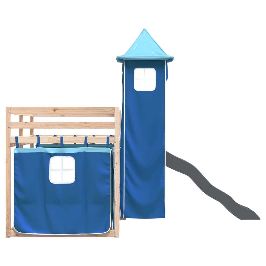 Pat supraetajat cu tobogan și perdele, albastru, 80x200 cm GartenMobel Dekor